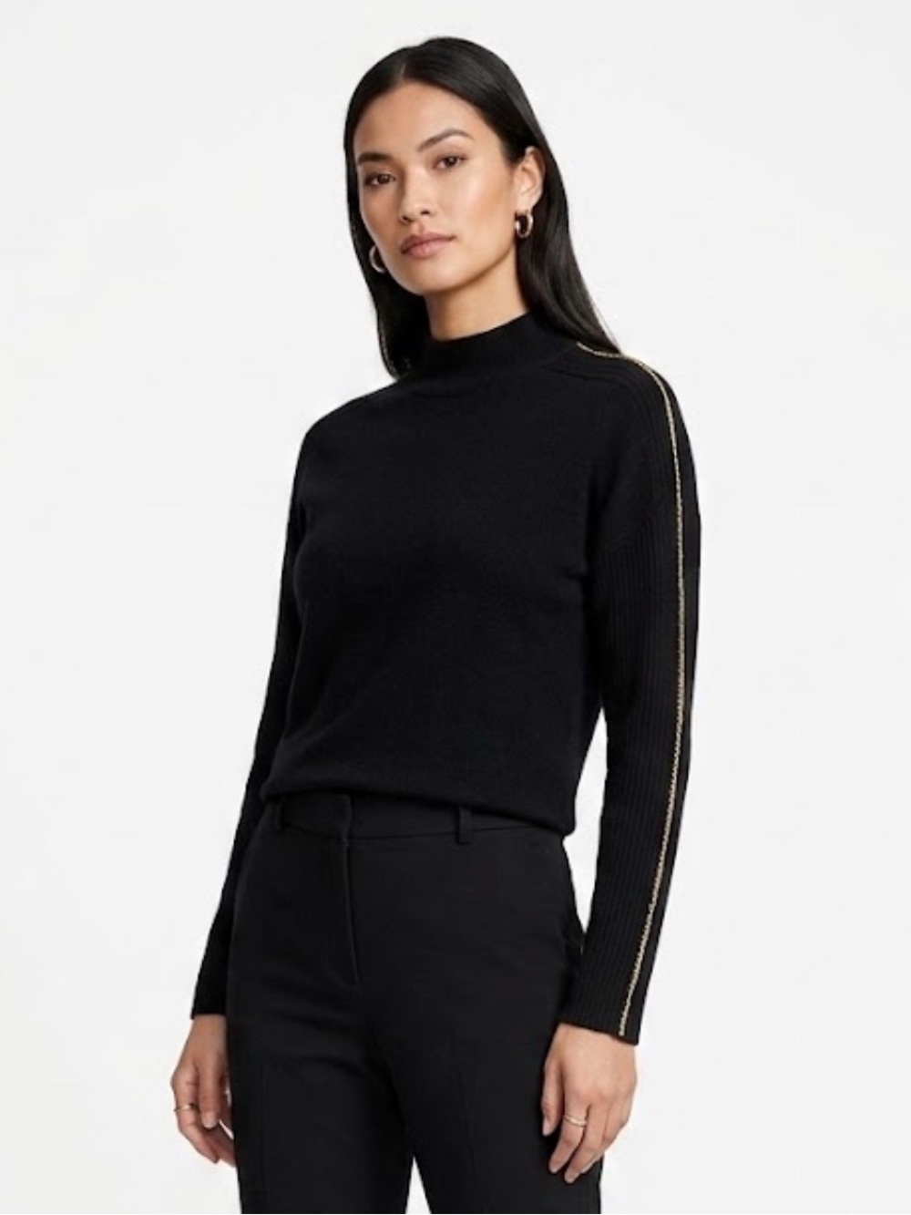NWT Donna Karan New York 100% Cashmere Mock Neck Sweater Gold Chain Detail M
